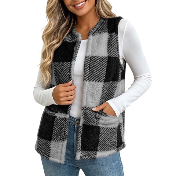 Cmfcve Womens Plaid Fuzzy Fleece Vest Winter Warm Sleeveless Jacket Open Front Stand Collar Layering Outerwear