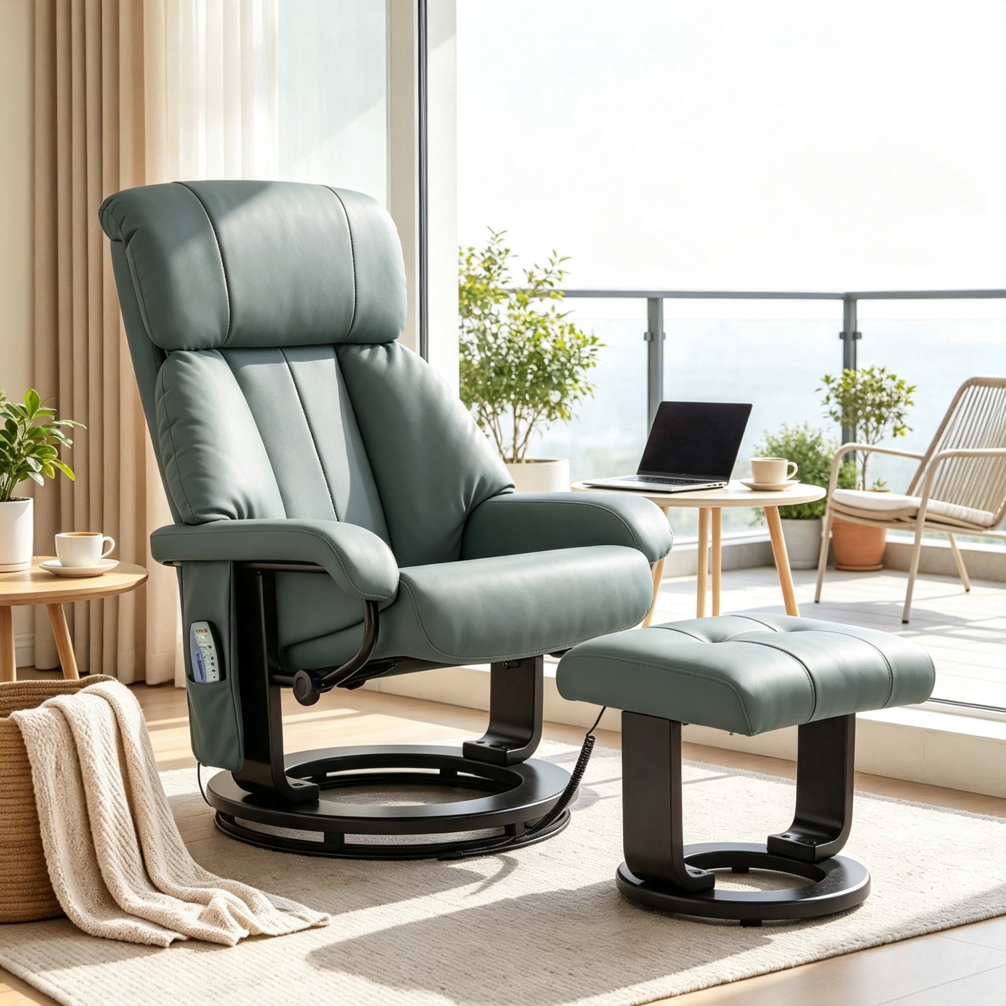 360° Swivel Massage Recliner Chair, 10-Point Vibration Footstool for Living Room
