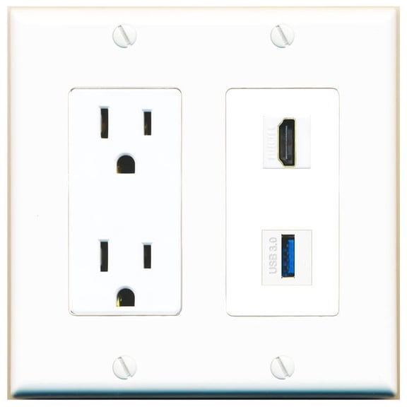 RiteAV 15 Amp Power Outlet and HDMI USB-3 Wall Plate Decorative [White]