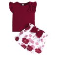 thumbnail image 2 of ITSAME Girls Outfit Sets, Knit Cotton Bow Ruffle Sleeve Top and Floral Print Shorts 2-Piece Summer Fashion Leisure Sets Wine 9M, 2 of 9