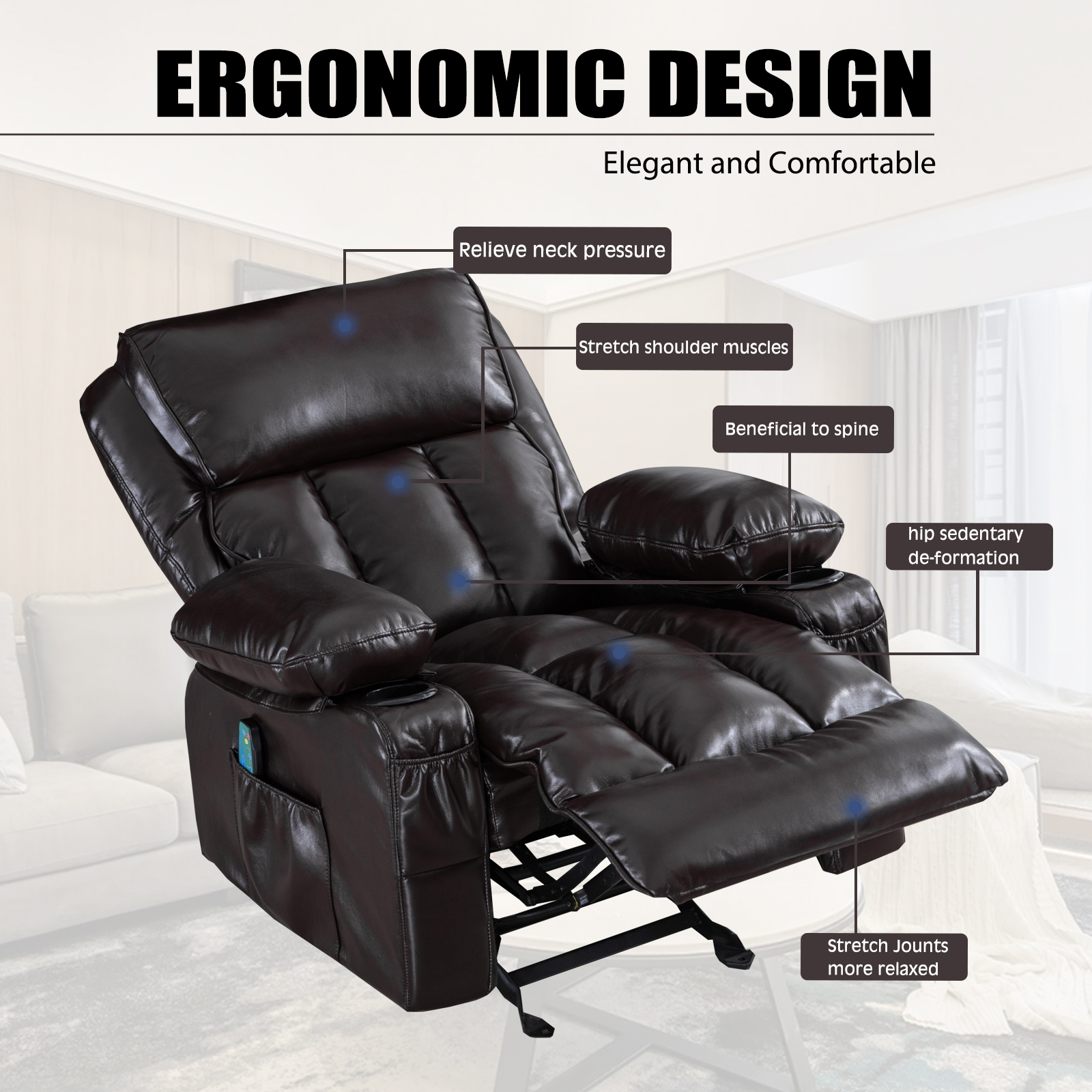 Aukfa Power Massage Recliner Chair with Heat - Rocking Chair Lounge Chair Single Sofa - Dark Brown - image 4 of 8