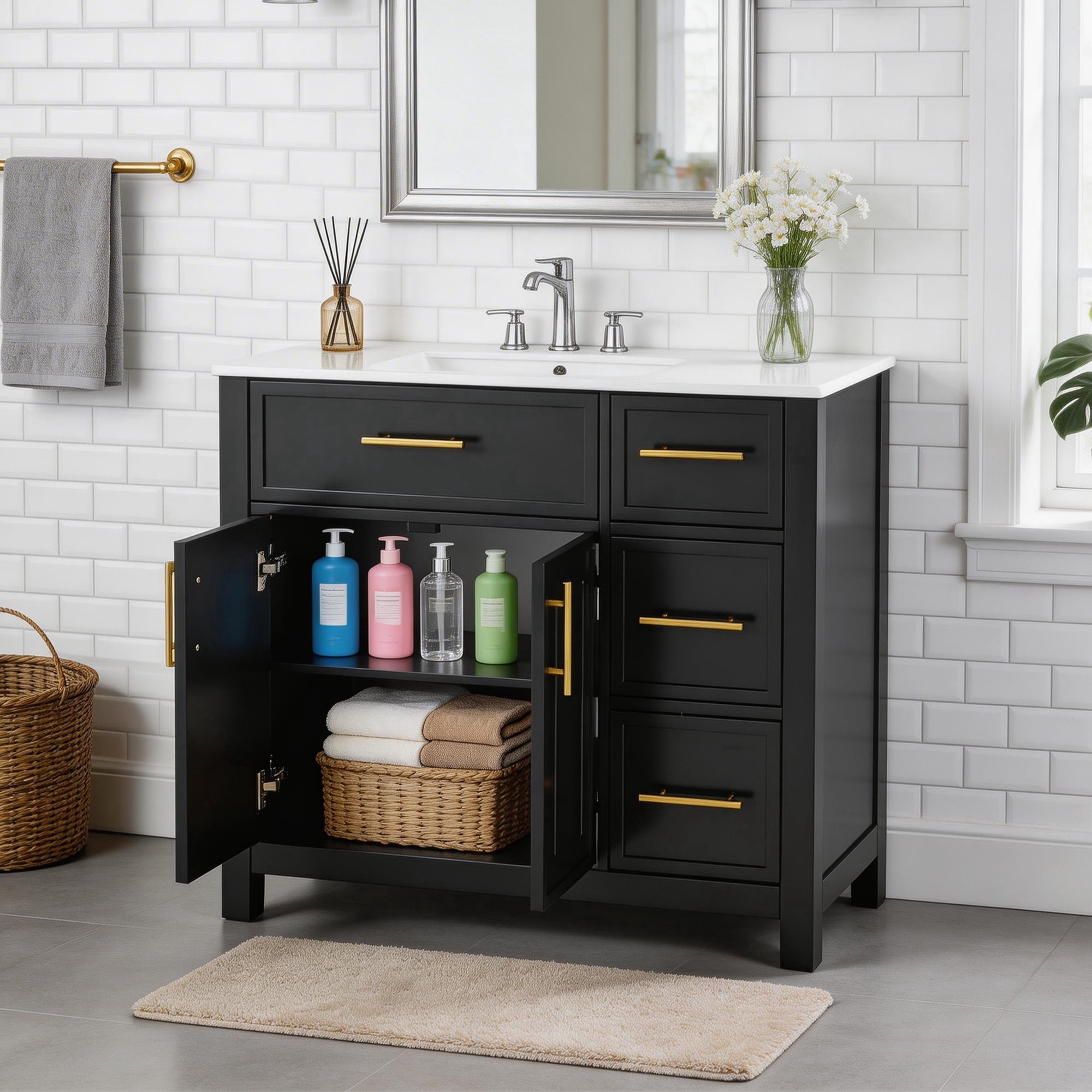 SogesPower 36" Bathroom Vanity with Ceramic Sink, Solid Wood Bathroom Makeup Cabinet with 2 Doors and 3 Drawers, Modern FreeStanding Single Basin Vanity Set for Bathroom, Black