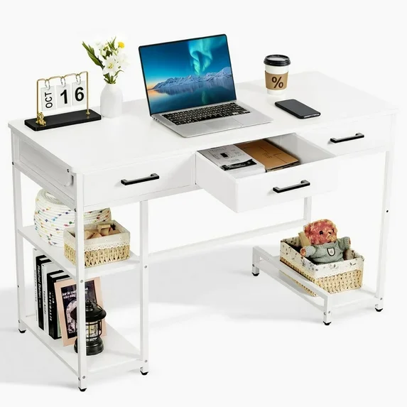 Furmax 47” Home Office Computer Desk Writing Table with 3 Fabric Drawers and Storage Shelves & Hooks for Small Spaces, Home Office , Student Study, White