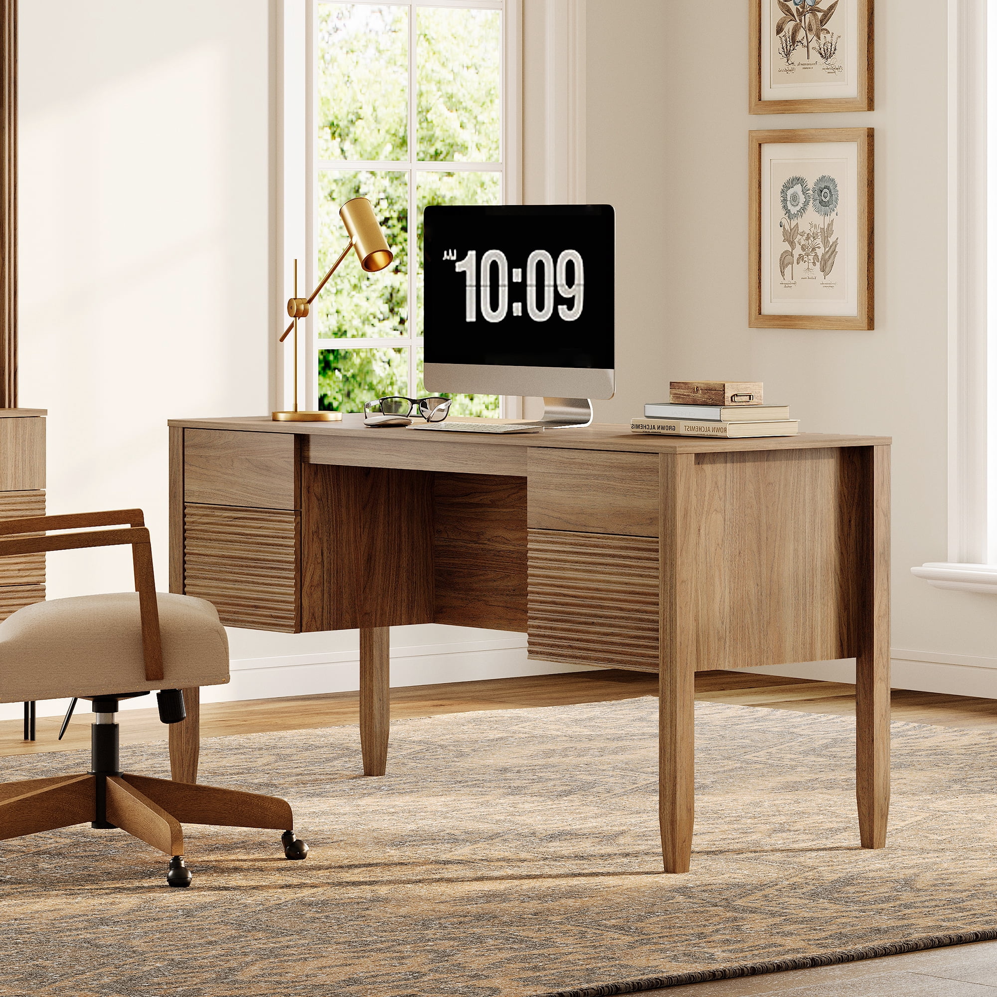 58Inch Fluted Executive Desk with Power Outlet and Doors, Modern Computer Writing Desks with Rear Storage Compartment Design, Home Office Desk with Drawers For Work And Study