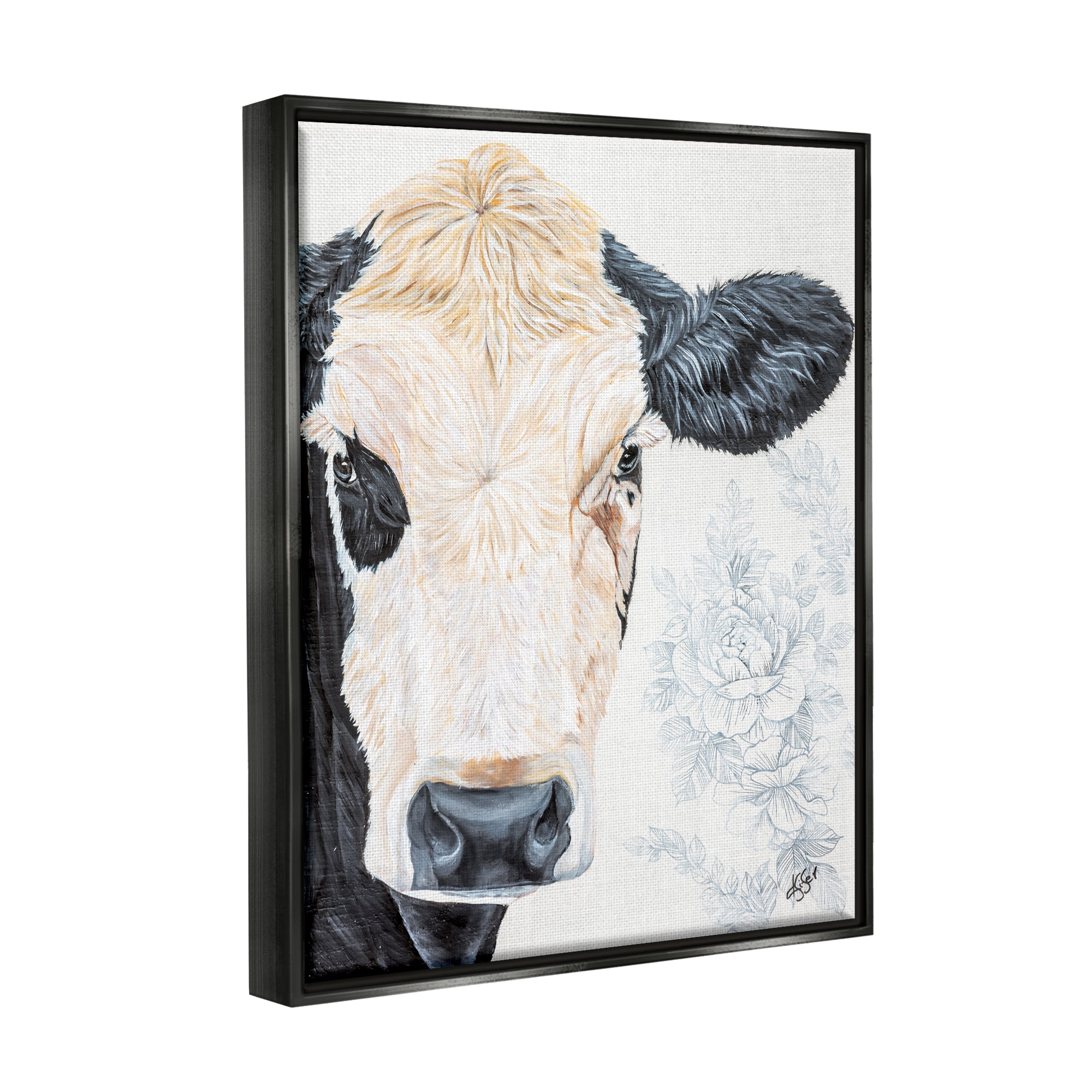 Stupell Floral Cow Farmhouse Rural Portrait Animals & Insects Painting Black Floater Framed Art Print Wall Art