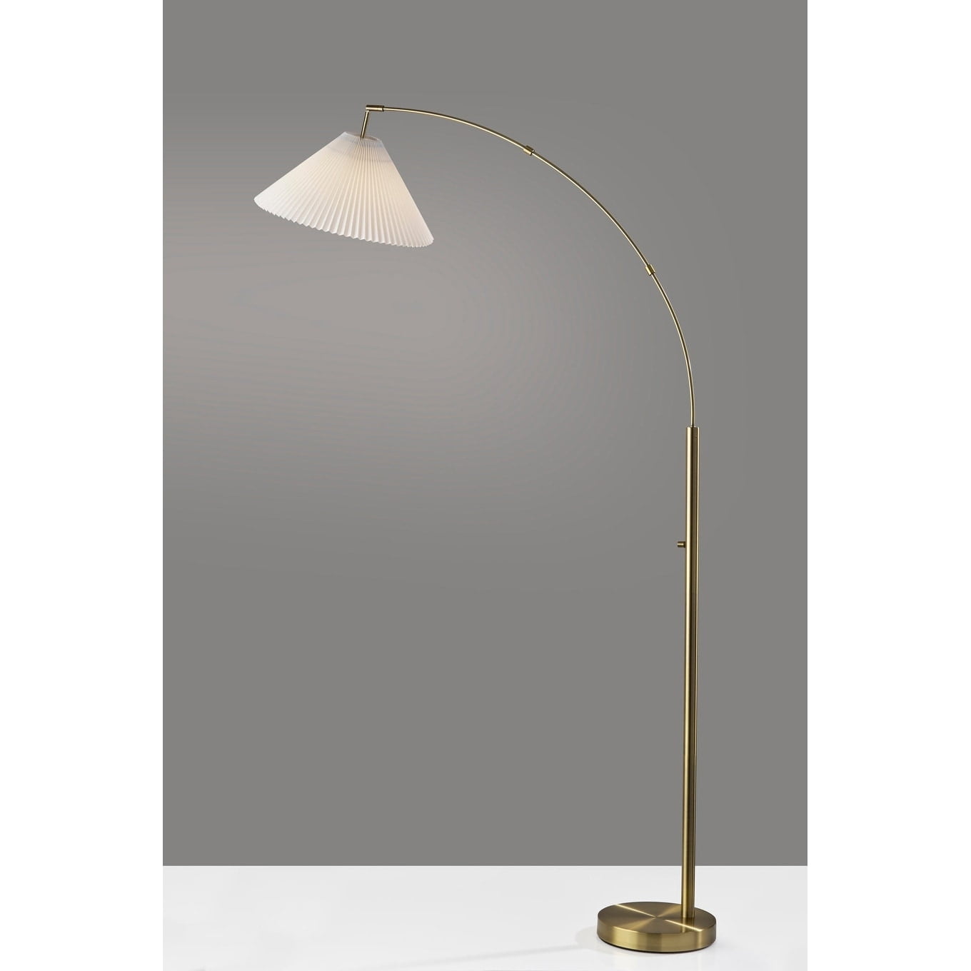 Adesso Delaney 76" Antique Brass Arc Floor Lamp with Off-White Pleated Tapered Shade