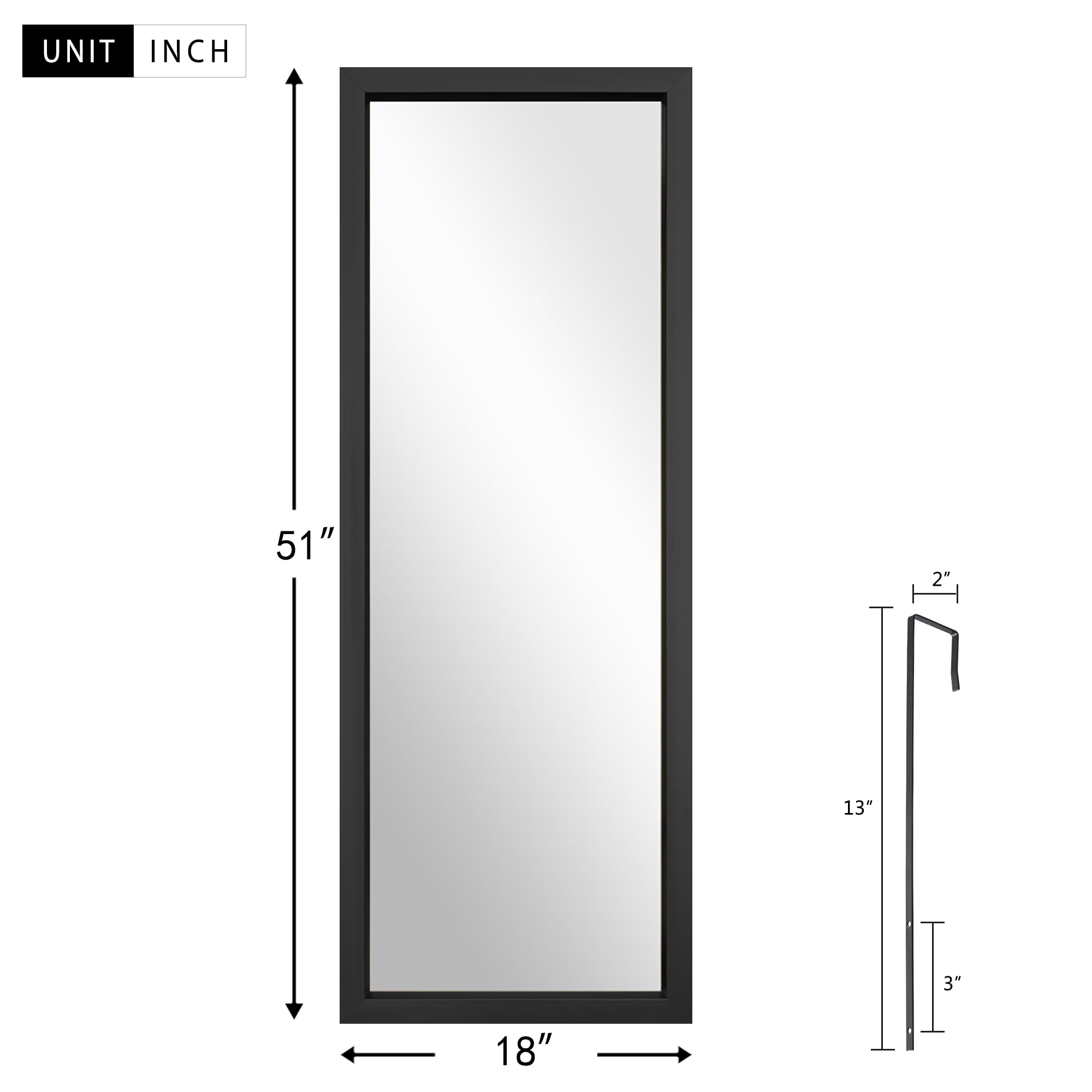 18" x 51" Rectangle Floor Length Mirror PS Frame Hanging Mirror for Door or Wall Black
