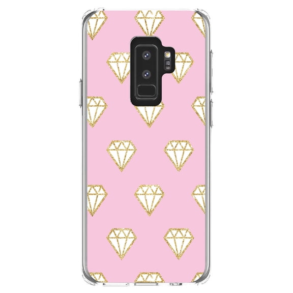 DistinctInk Clear Shockproof Hybrid Case for Samsung Galaxy S9  PLUS (6.2" Screen) - TPU Bumper, Acrylic Back, Tempered Glass Screen Protector - Pink & Gold Print - Diamond Pattern