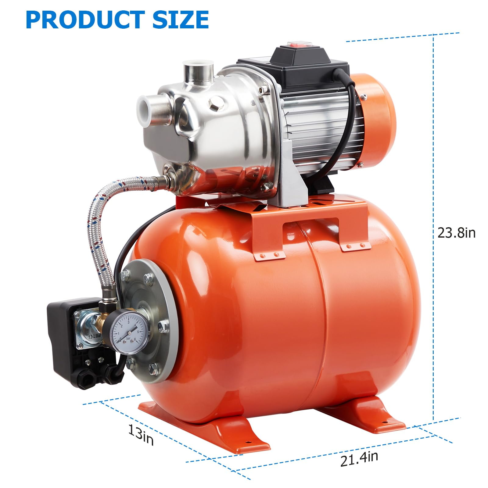 1HP Shallow Well Pump With Pressure Tank, 845 GPH Stainless Steel Shallow Well Jet Pump, 115 V Water Pump With Automatic Pressure Switch, Water Transfer Pumpfor Garden, Pool, Well, Irrigation