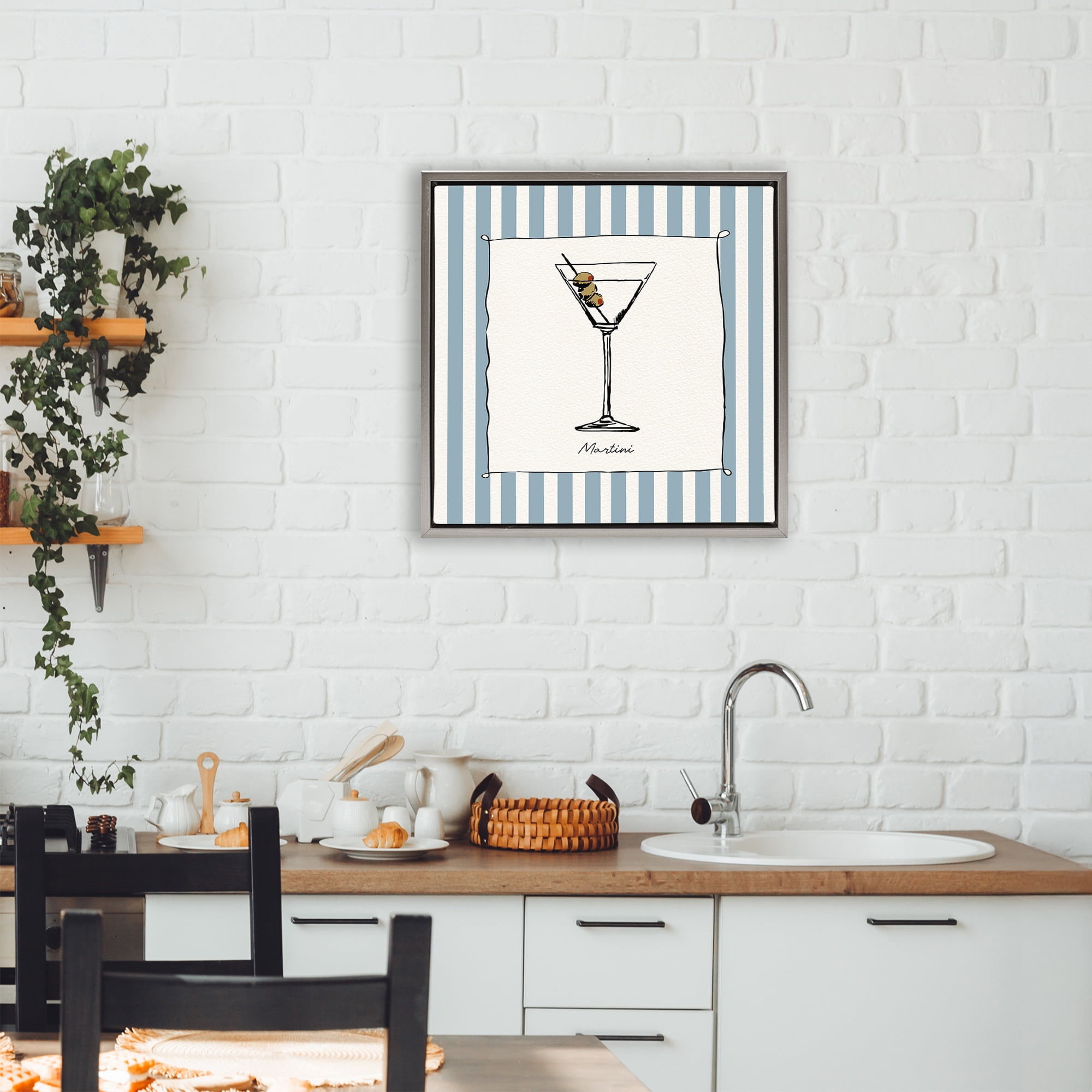 Stupell Industries Martini Summer Stripes Gray Framed Floater Canvas Wall Art, design by Susan Jill