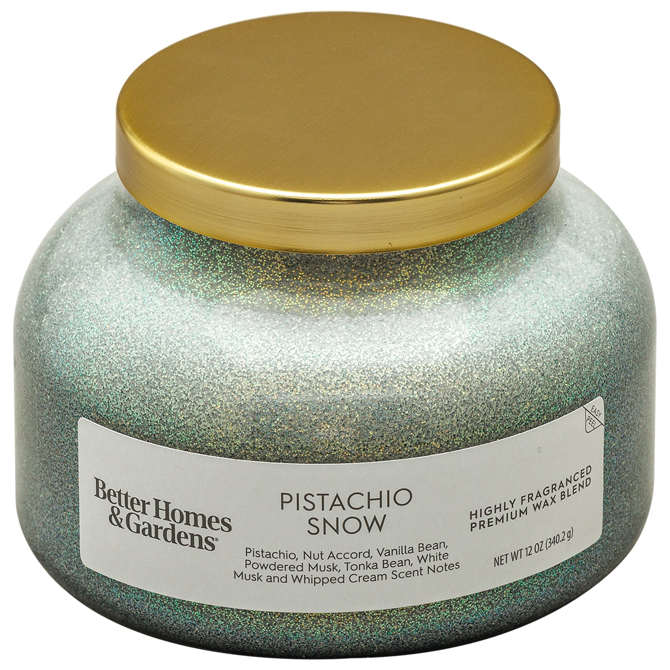 Better Homes & Gardens 1-Wick Holiday Scented Glitter Jar Candle, Pistachio Snow, 12oz.
