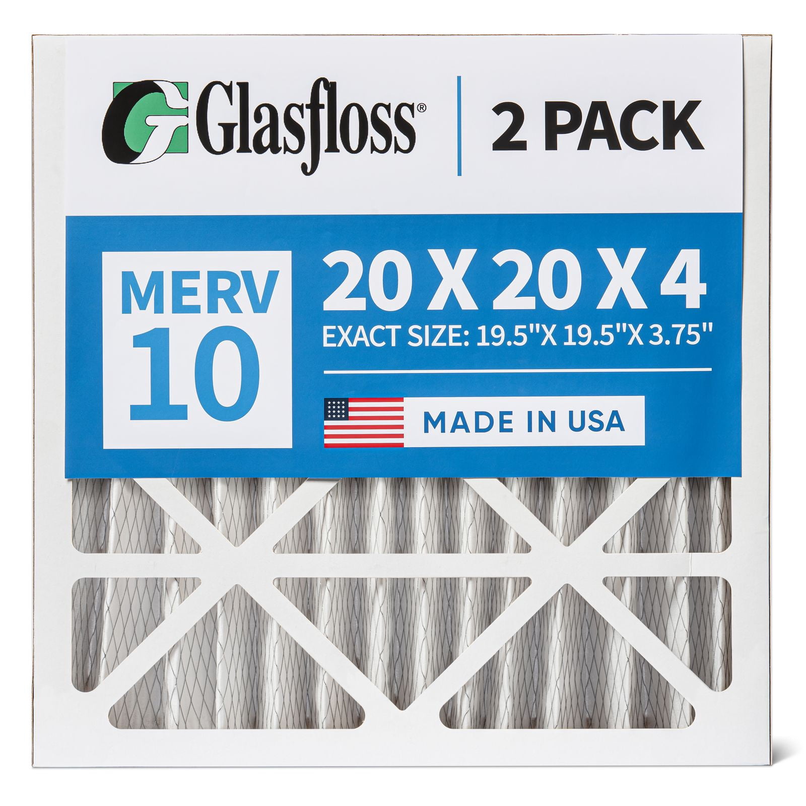 2 Pack of 20x20x4 MERV 10 Pleated 4" Inch Air Filters by Glasfloss. Actual Size: 19-1/2 x 19-1/2 x 3-3/4