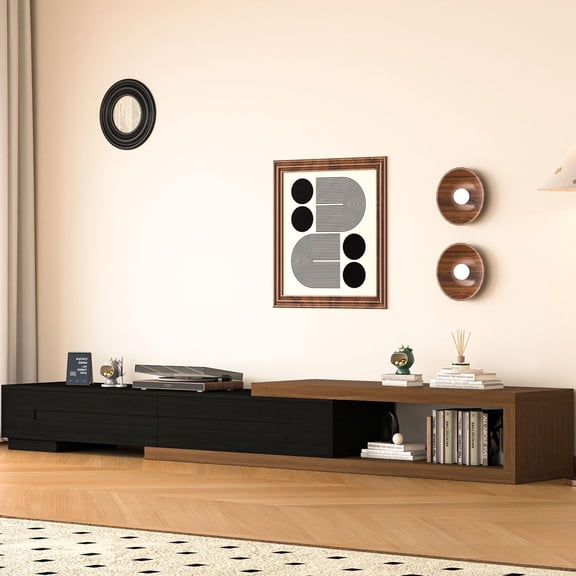Bvldfamly 80’’-115’’ Extendable TV Stand for 120 Inch TV, Walnut Wood Modern Entertainment Center, Rectangle TV Console Table, Extendable, Black