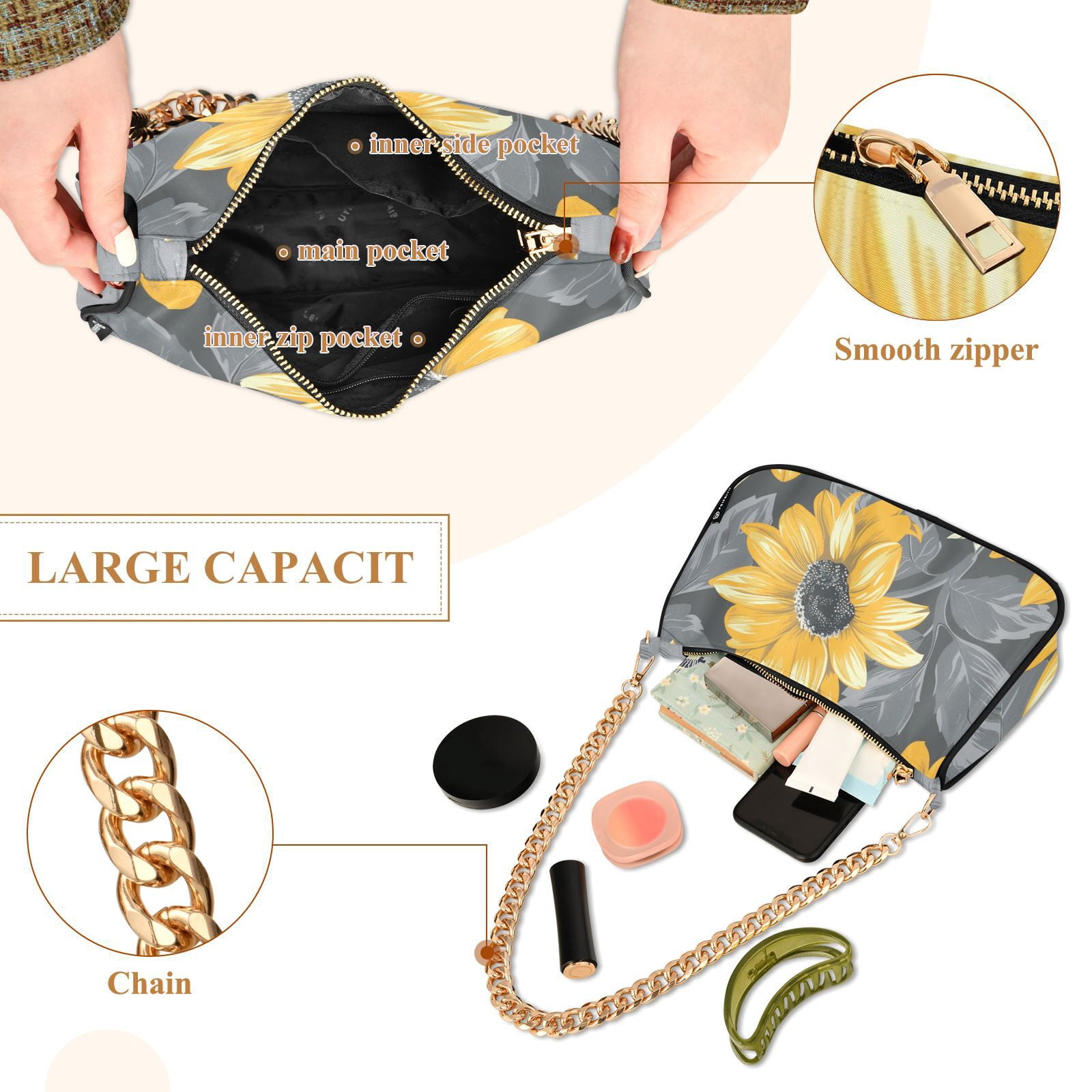 Sunflowers and LeavesWomen Small Shoulder Bag Crossbody Tote Hobo Bags Purse Clutch Handbags with Chain Strap for Women