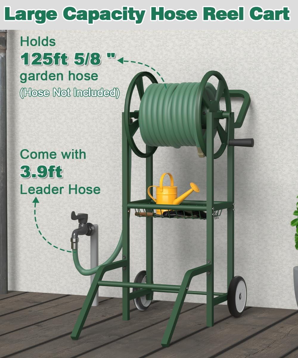 Hose Reel Cart with 2 Wheels, Garden Water Hose Holder Heavy Duty Powder Coated Steel Outdoor Winder Storage Holds 125 ft 5/8" Hoses with Basket and 3.9ft Leader Hose for Backyard, Green