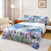 Feelyou Dragonfly Animal Full Size Sheets, Rustic Spring Flower Bed Sheets, 4 Pieces