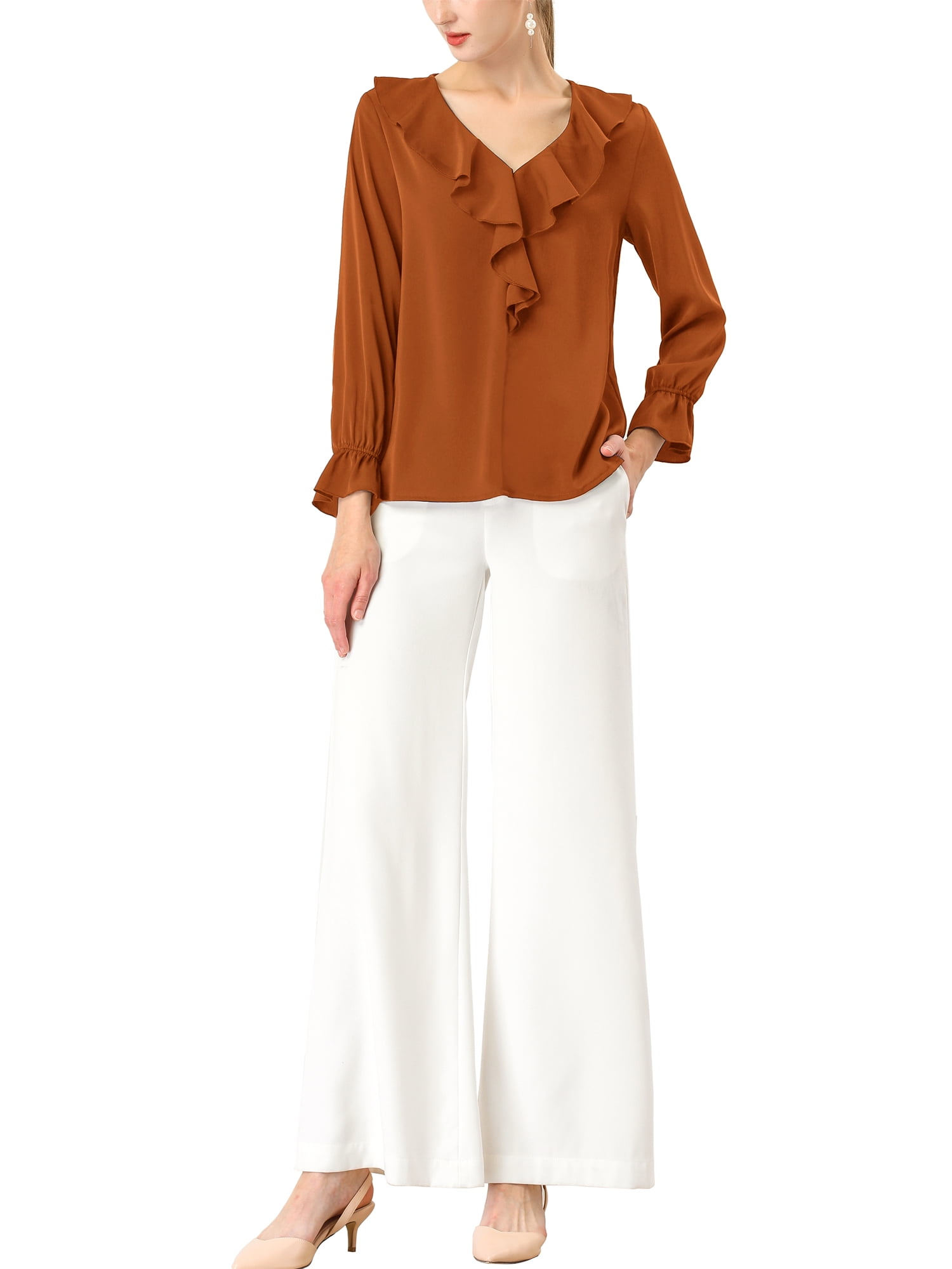 DARING DIVA Women's Ruffle V Neck Chiffon Peasant Blouse M Brown