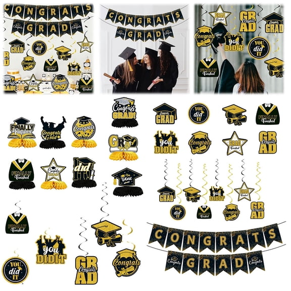 SeekLGT Graduation Decorations 2026 Black and Gold Congrats Grad Banner and Congratulations Garland Set for Class of 2026 Party Venue Backdrop Styling 1 Pack