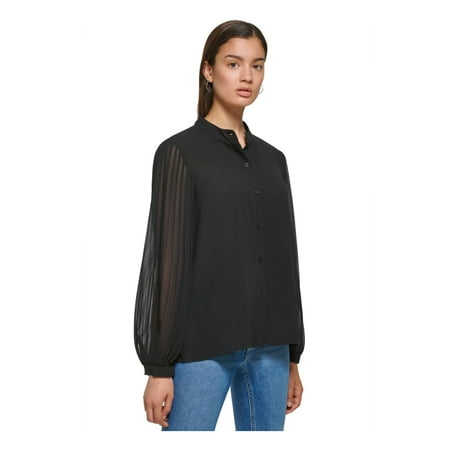 CALVIN KLEIN Womens Black Pleated Sheer Cuffed Sleeve Round Neck Button Up Top XL