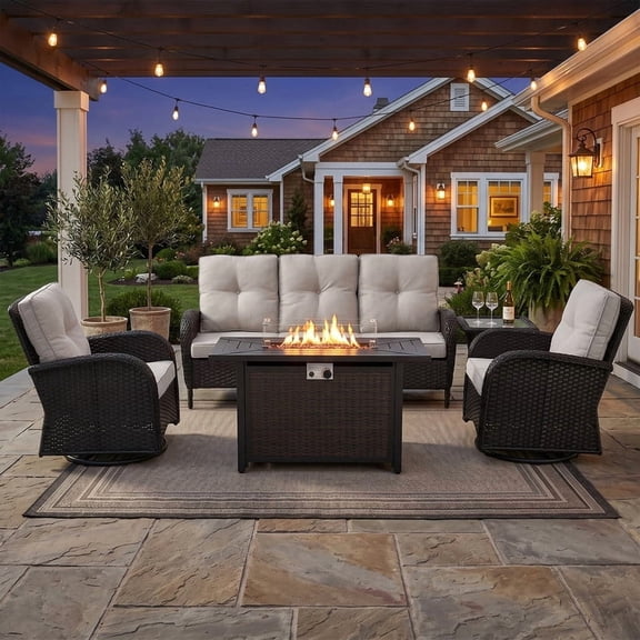 Patiobula Patio Furniture Set with Propane Fire Pit Table, 5 Pieces Outdoor Sectional Couch, Black Wicker Rattan Conversation Sofa with Swivel Chair for Garden Backyard Deck, Beige