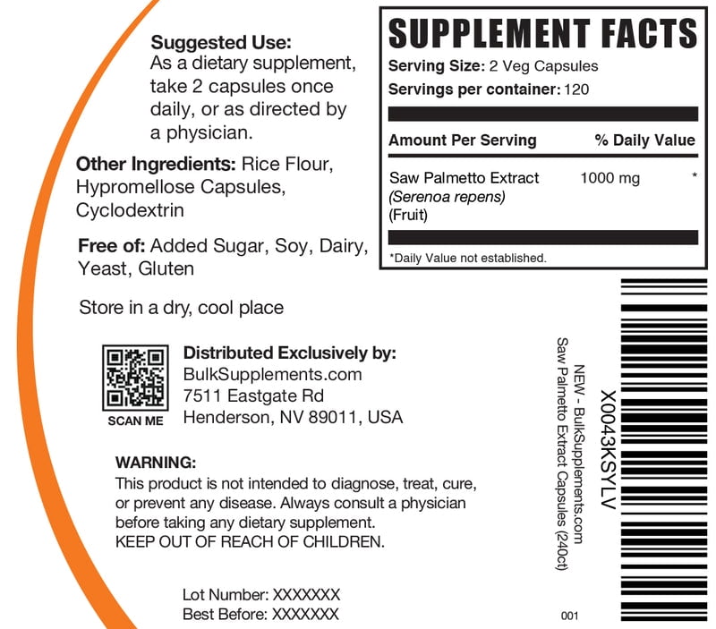 BulkSupplements Saw Palmetto Extract Capsules - Vegan, 1000mg per Serving (240 Capsules - 120 Servings)