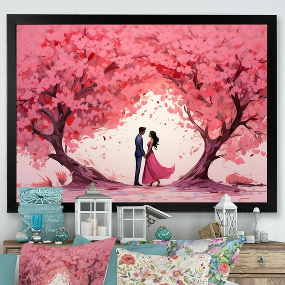 Designart "Love of Couple under the Tree II" Landscapes Framed Wall Art Decor - Traditional Pink Romantic Landscape Bedroom Framed Canvas Wall Art