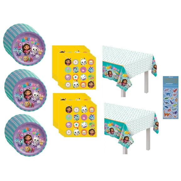 Gabby's Dollhouse Birthday Party Supplies Bundle Includes 24 Paper Plates 9", 32 Paper Napkins, 1 Plastic Table Cover, 1 Dinosaur Sticker Sheet
