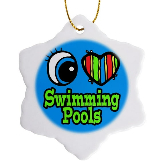 3drose, Bright Eye Heart I Love Swimming Pools, 3 inch Snowflake Porcelain Ornament