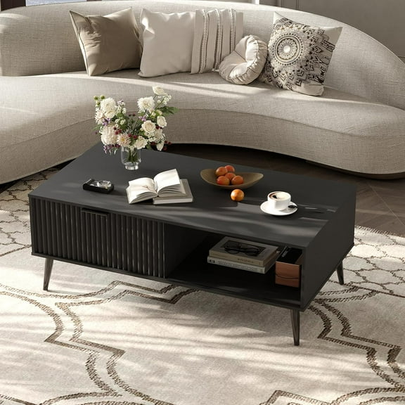 Senfot 2-Tier Wooden Coffee Table with Sliding Door, Coffee Table with Storage, Solid Wood Legs, Large Rectangle Modern Cocktail Table for Living Room, Mid Century for Home & Office, Black