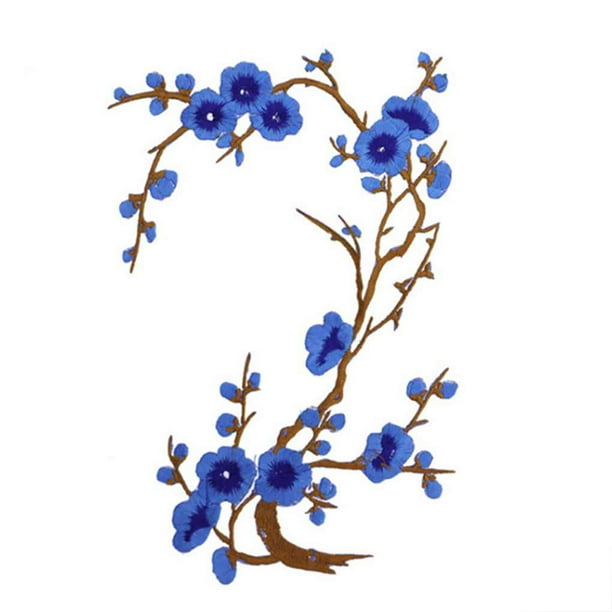 Billuyoard Parche adhesivo de tela bordada para planchar o coser apliques de flor de flor de ciruelo Tela de costura y artesanía azul real