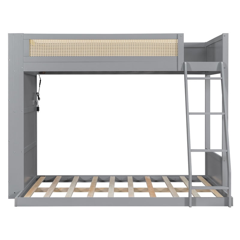 Twin-Over-Full Bunk Bed with Built-in Ladder & LED Strip, Storage Wooden Bed Frame with Bookshelf & Rattan Guardrail