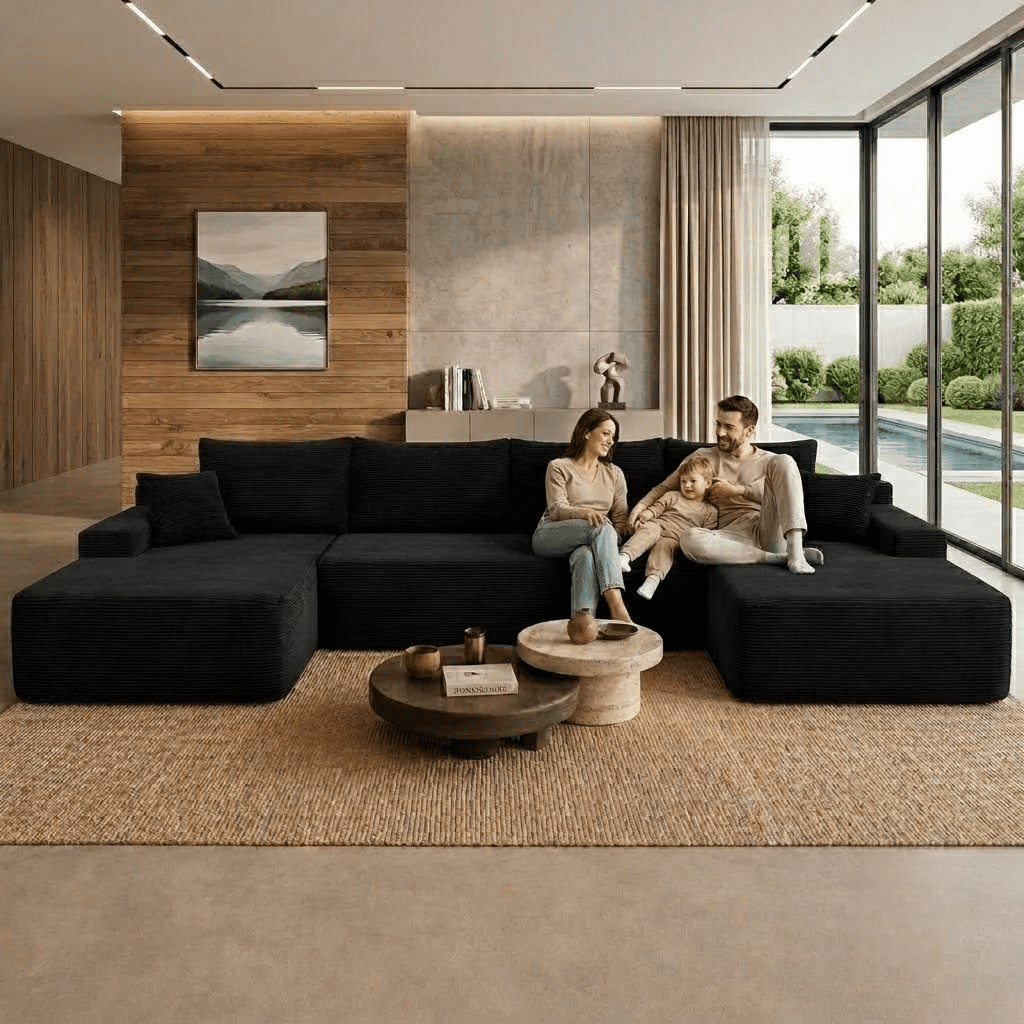 Howcool 126" Oversized U-Shaped Modular Sectional Sofa, Cloud Couch with Double Chaise & Deep Seats, Boneless Corduroy Couch for Living Room & Apartment, No Assembly Required, Black