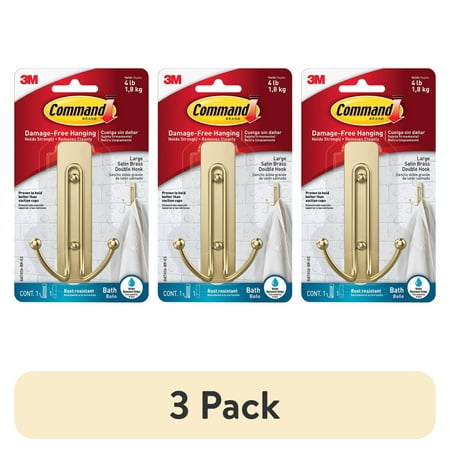 (3 pack) Command Bath Large Satin Brass Double Hook, Holds 4 lb, Bathroom Organization, 1 Hook