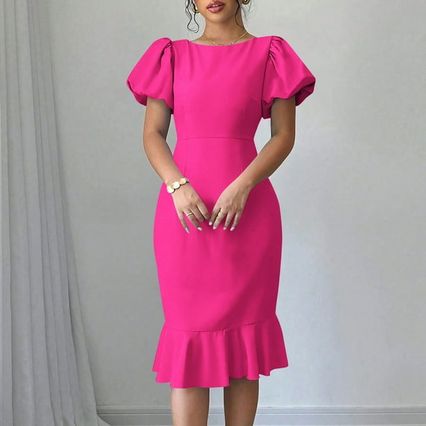 SMihono Women's Summer Puff Short Sleeve Mermaid Dress Elegant Office Slim  Solid Party Dress Bodycon Ruffle Dress Hot Pink M - Walmart Business  Supplies