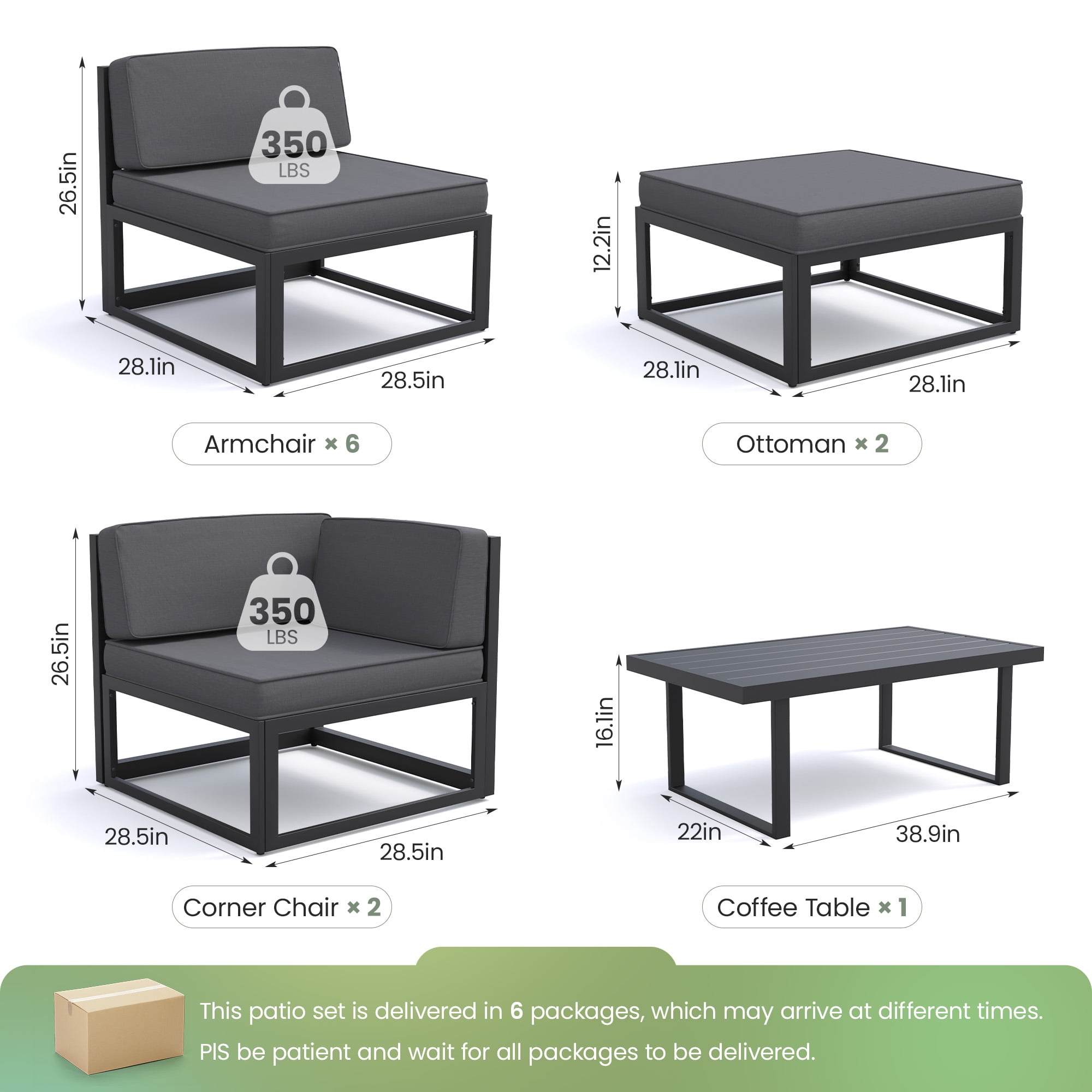 MRUAKA Aluminum Patio Furniture Set,11 Piece Modern Outdoor Furniture with 5 inch Cushion, Metal Patio Sectional Conversation Sets for Deck, Backyard, Porch,Gray (Included Waterproof Covers)