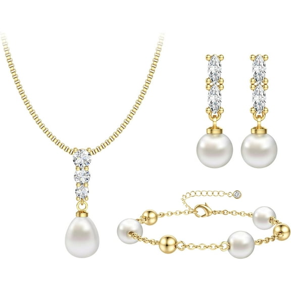 14K Gold Plated Pearl Jewelry Set for Women - 925 Sterling Silver Post Dangle Earrings Dainty Pearl Necklace Bracelet Wedding Jewelry Sets for Bride Bridesmaid CZ Costume Accessories Trendy[n880]