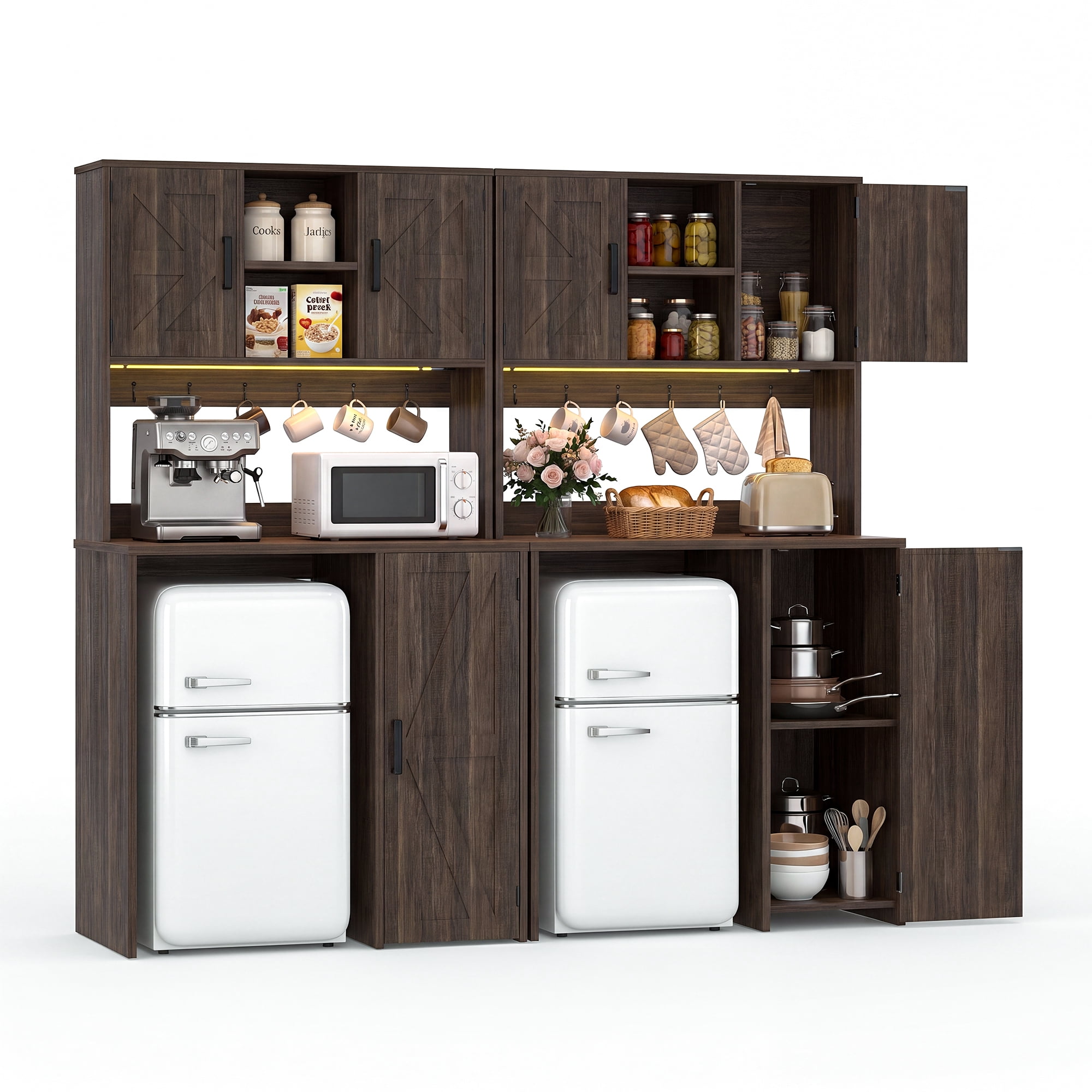 Homieasy 2-Piece Beverage Station Set - Mini Fridge Cabinet & Coffee Bar with Charging Hub, LED Light, Microwave Shelf & Wine Storage, Perfect for Kitchen, Dorm & Office,Brown