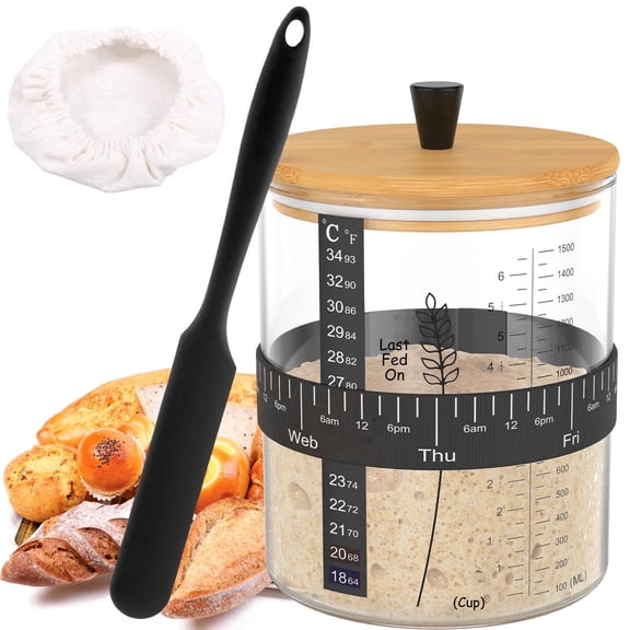 50oz Sourdough Starter Jar Kit, Wide Mouth Glass Fermentation Jar, Large Capacity Sourdough Bread Starter Kit with Lid, Band, Date Tracker, Temp, Cloth Cover, Sourdough Starter Kit for Sour Dough