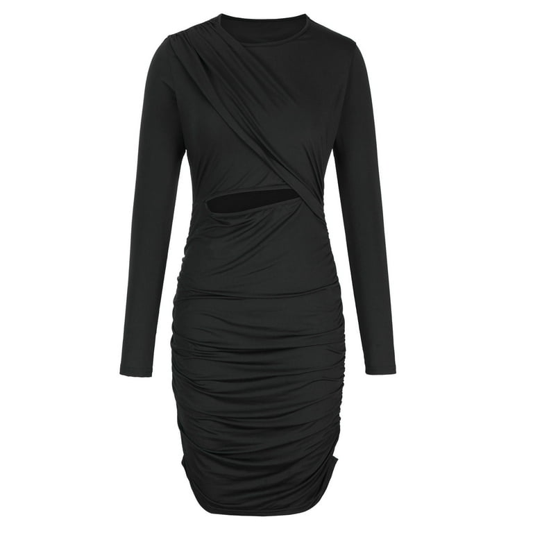 Long Sleeve Dress for Women Crewneck Solid Color Ruched Cutout Mini Dress  Slim Fitted Fashion Short Fall Dress