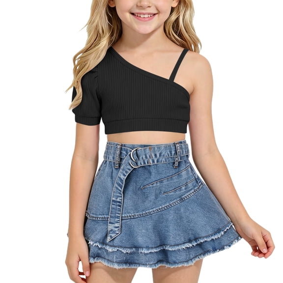 ITSAME Girls Outfits 2-Piece One-Shoulder Crop Top and Tiered Denim Skirt Summer Casual Clothes Set Black Size 2-3