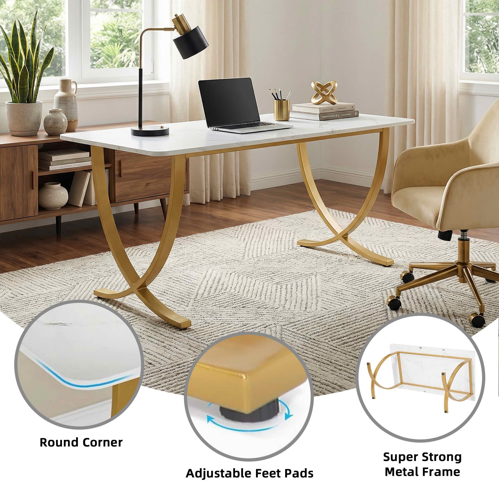 Dovelina 63" Modern Dining Table for 4-6, Waterproof Kitchen Table with Faux Marble Top, for Home Dining Room, Kitchen, Living Room