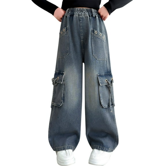 Otqutp Baggy Cargo Jeans for Teen Girls Y2K Elastic Waist Wide Leg Denim Pants Aesthetic Vintage Jeans with Multi Pockets