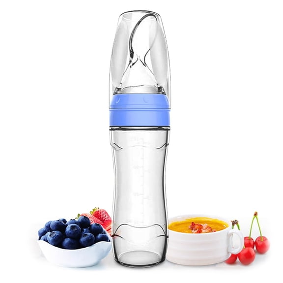 BPPEG Silicone Baby Food Dispensing Spoon (Blue, 4oz / 120ml) Squeeze Feeder with Spoon - Spoon Bottle for Baby - Baby Spoon Feeder Bottle Baby Solid Food Feeder - Ideal for 4 Months Babies