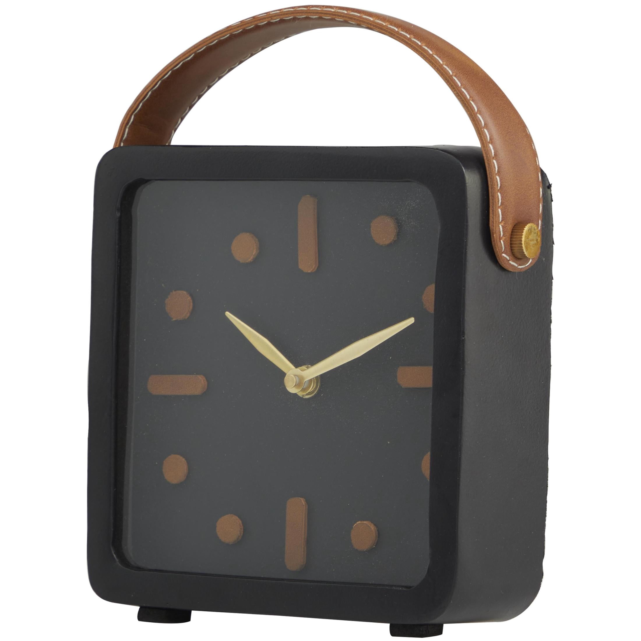 DecMode 8" Black Metal Small Clock with Leather Handle and Hour Markers