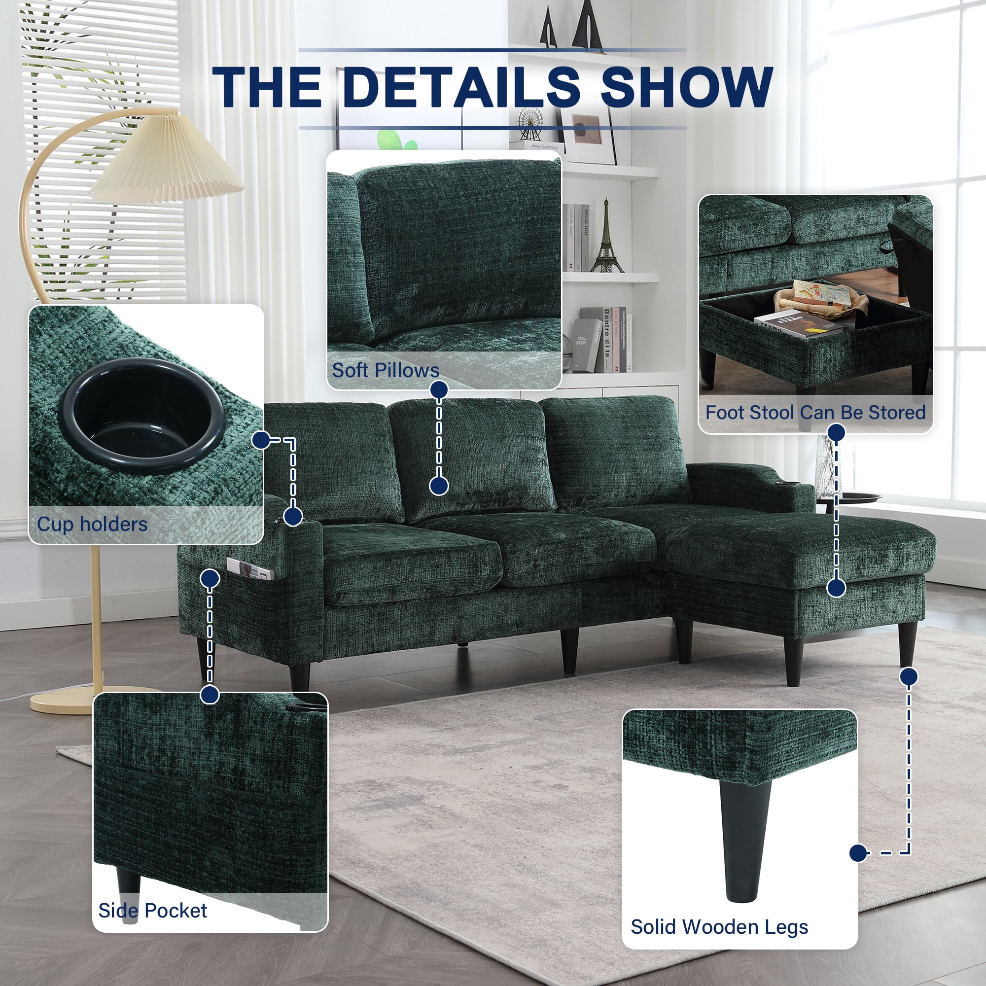 MOONMISS Chenille Upholstered L-Shaped Living Room Sofa with Storage Ottoman-Emerald