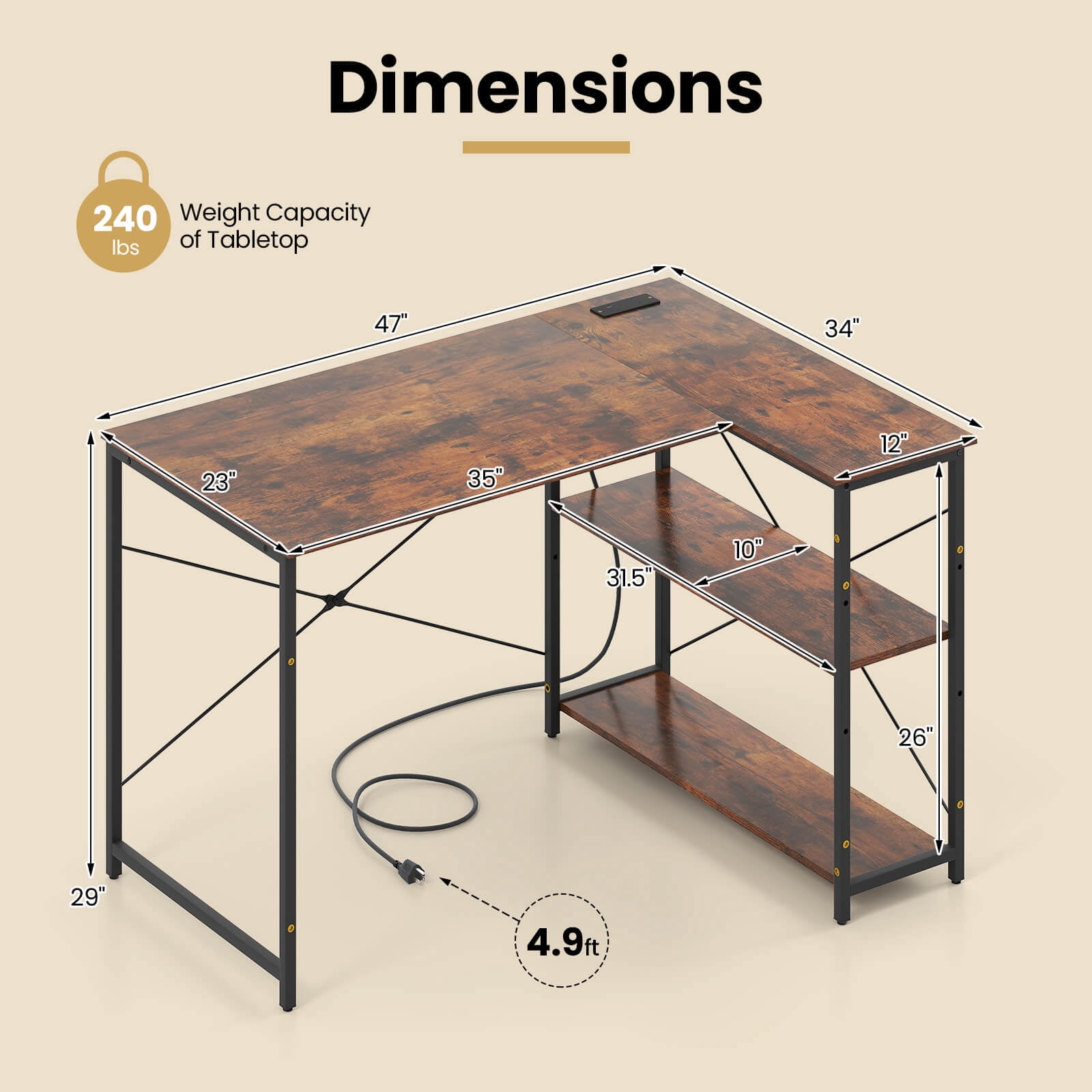 Costway L-Shaped Computer Desk with Power Outlets Adjustable shelf Heavy-Duty Metal Frame Brown