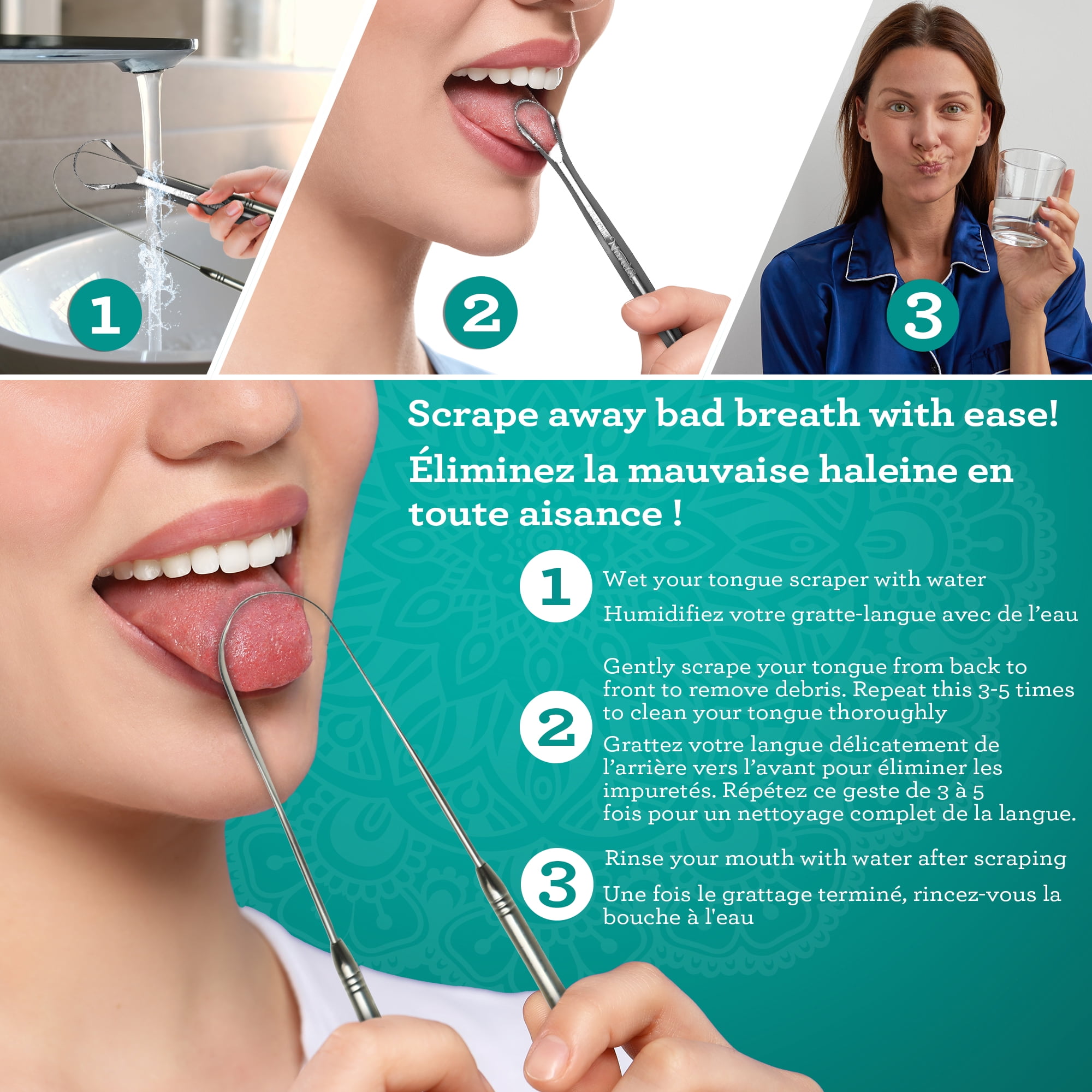 GuruNanda Spoon & U-Shaped Tongue Scraper Variety Pack with Travel Case, Stainless Steel, BPA Free, for All Ages