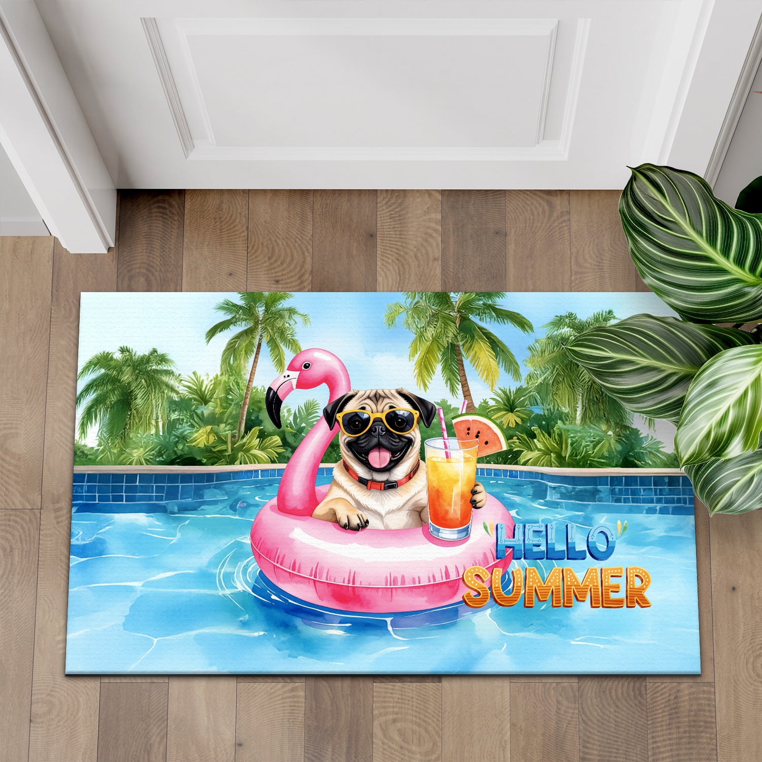 Hello Summer Pug at Swimming Pool Flamingo Swim Ring Doormat Dog Lover Gifts Indoor Outdoor Welcome Mat - 12009