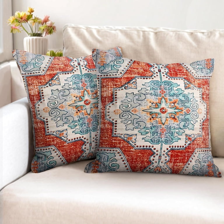 Knagsfa Boho Pillow Covers Set Of 2, 22x22 Inch Vintage Blue Bohemian Throw Pillow Cases For Sofa & Living Room