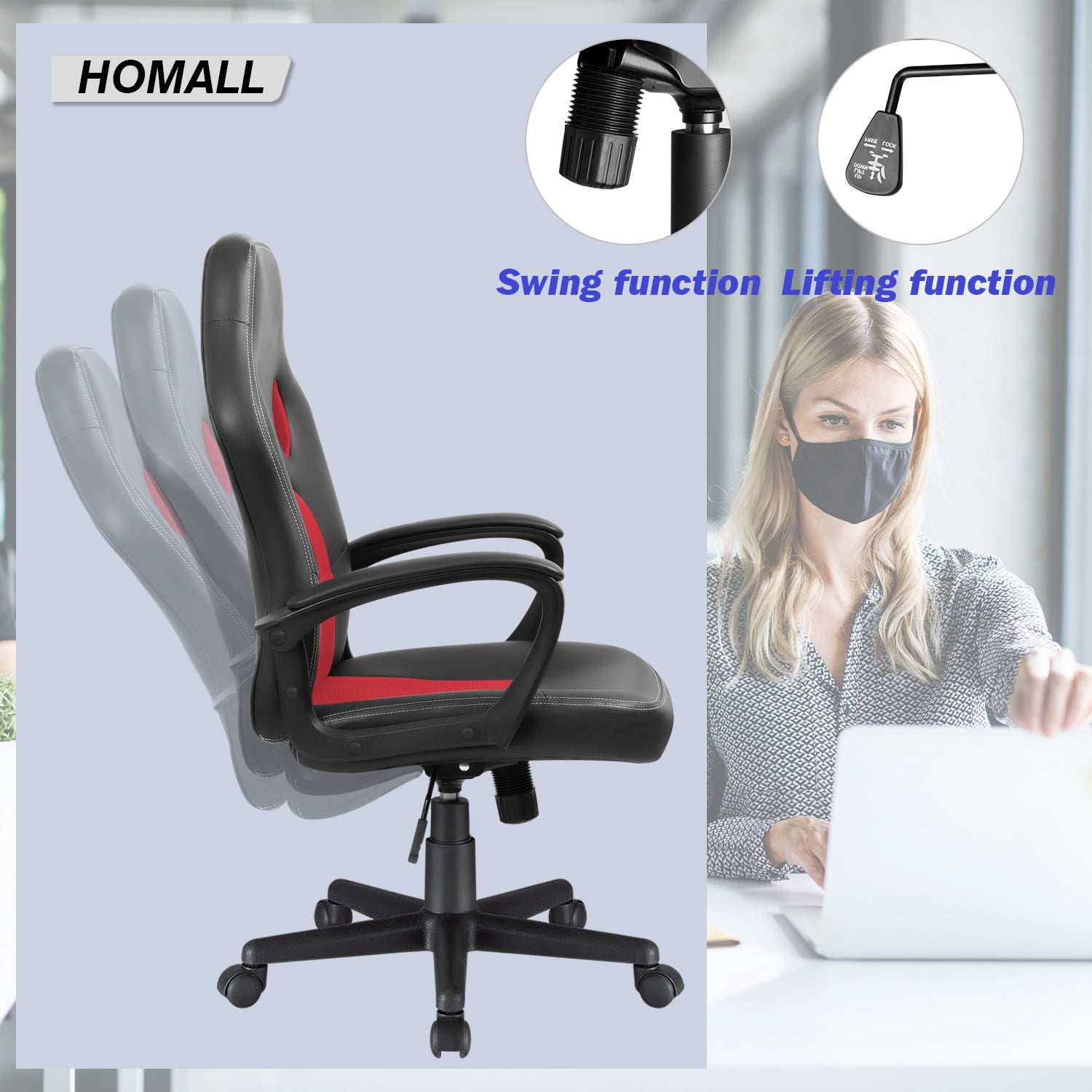 Homall Gaming Chair Leather Office Chair High Back Ergonomic Adjustable Swivel Executive Computer Chair Rolling Task,Red